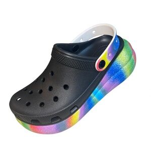 Crocs Classic Crush Spray Rainbow Dye Platform Clog Mens 5 Womens 7 Shoes Black